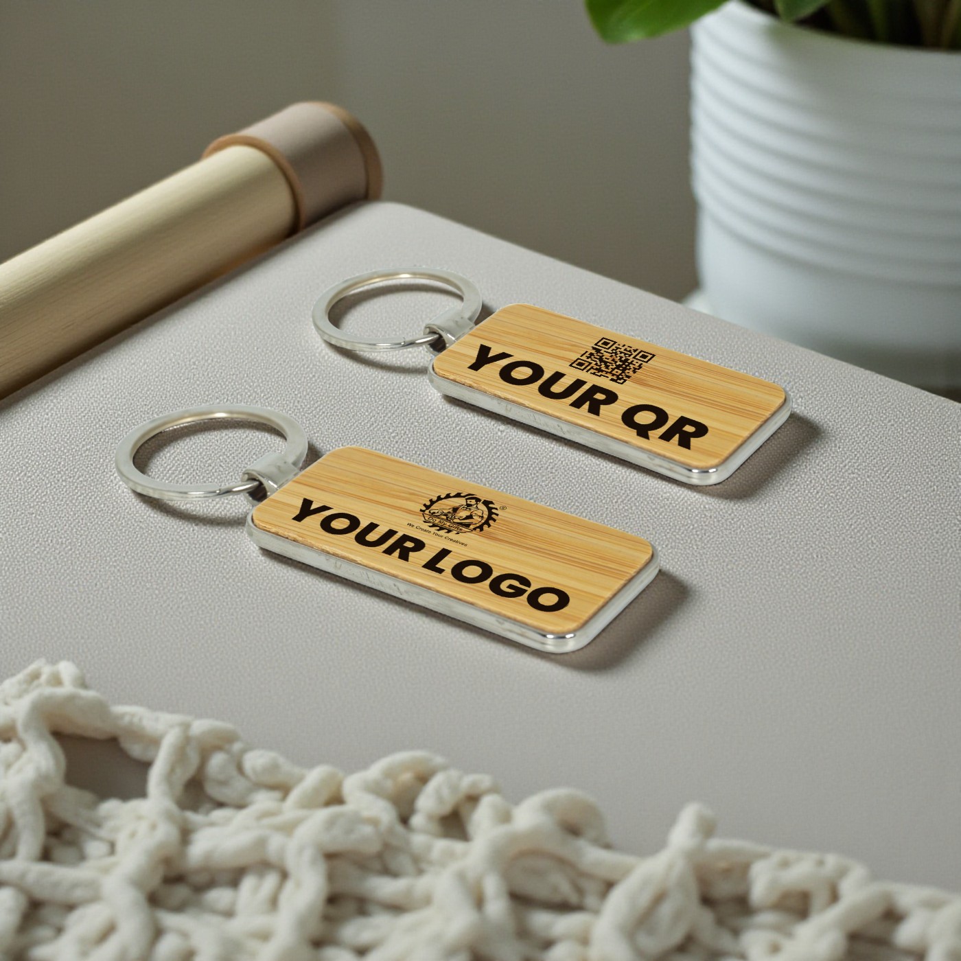 Personalized Logo & QR Engraved Wooden Keychain with Sleek Metal Frame ...